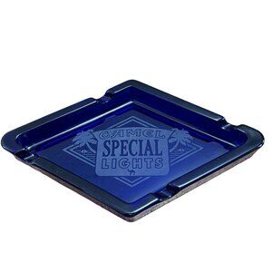 Vintage Etched Cobalt Blue Glass Ashtray Camel Special Lights Tobacciana EUC